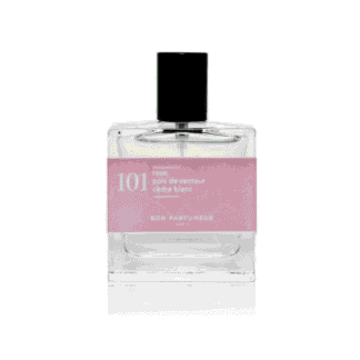 A curated rectangular glass perfume bottle with a black cap and a pink label that reads 101 rose pois de senteur cèdre blanc BON PARFUMEUR PARIS, photographed against a white background. Gate21.ee