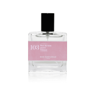 A clear rectangular perfume bottle with a black cap and a pink label that reads 103 fleur de tiaré, jasmin, hibiscus and BON PARFUMEUR PARIS—an elegant choice for curated gift shop shelves or those seeking unique ideas. Gate21.ee