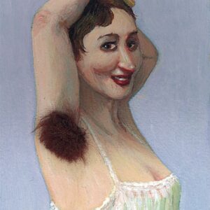A painting of a smiling person in a white camisole with dark armpit hair and short brown hair, reminiscent of the unique "Hairy Armpit - Inkognito Postcards," set against a plain blue background. Gate21.ee