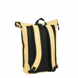 The New York Rolltop Rucksack - Yellow is displayed upright and empty against a white background, featuring black adjustable shoulder straps, a black top handle, and a black mesh back panel. Gate21.ee