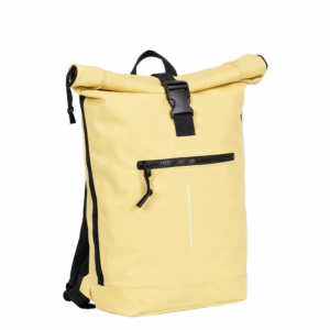 A yellow New York Rolltop Rucksack with black straps, a black buckle fastening, a front zip pocket, and a small white vertical line detail is photographed against a white background. Gate21.ee