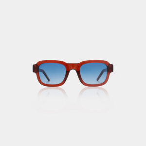 A pair of A. Kjærbede HALO - Demi blue rectangular sunglasses with a red frame and blue gradient lenses, pictured against a plain white background with partially visible sides. Gate21.ee