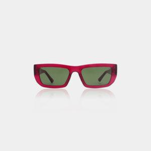 FAME - Burgundy transparent: rectangular sunglasses with translucent burgundy frames and green-tinted lenses, displayed on a white background with a subtle reflection—an excellent choice from a curated Tallinn shopping gift shop. Gate21.ee