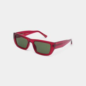 A pair of FAME - Burgundy transparent rectangular sunglasses with translucent red frames and dark green lenses, displayed on a light grey background—an eye-catching Estonian design ideal for curated gift shop collections. Gate21.ee