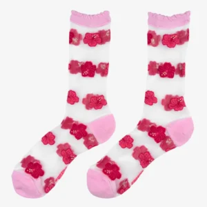 Wine - Transparent Socks are a pair of white ankle socks with pink toes, heels, and cuffs, decorated with horizontal rows of red and pink floral patterns in the playful style of Coucou Suzette. Their transparent design adds a whimsical touch to any outfit. Gate21.ee