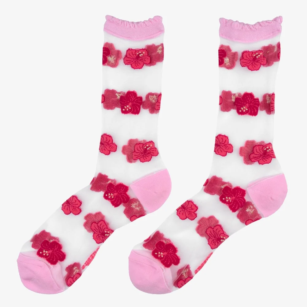 Wine - Transparent Socks are a pair of white ankle socks with pink toes, heels, and cuffs, decorated with horizontal rows of red and pink floral patterns in the playful style of Coucou Suzette. Their transparent design adds a whimsical touch to any outfit. Gate21.ee