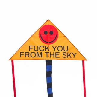 The “FUCK YOU FROM THE SKY - Kite” is a triangular orange kite with a red smiley face, bold black text, two red tails, and a blue-and-black striped tail—showcasing playful Estonian design for your gift shop collection. Gate21.ee