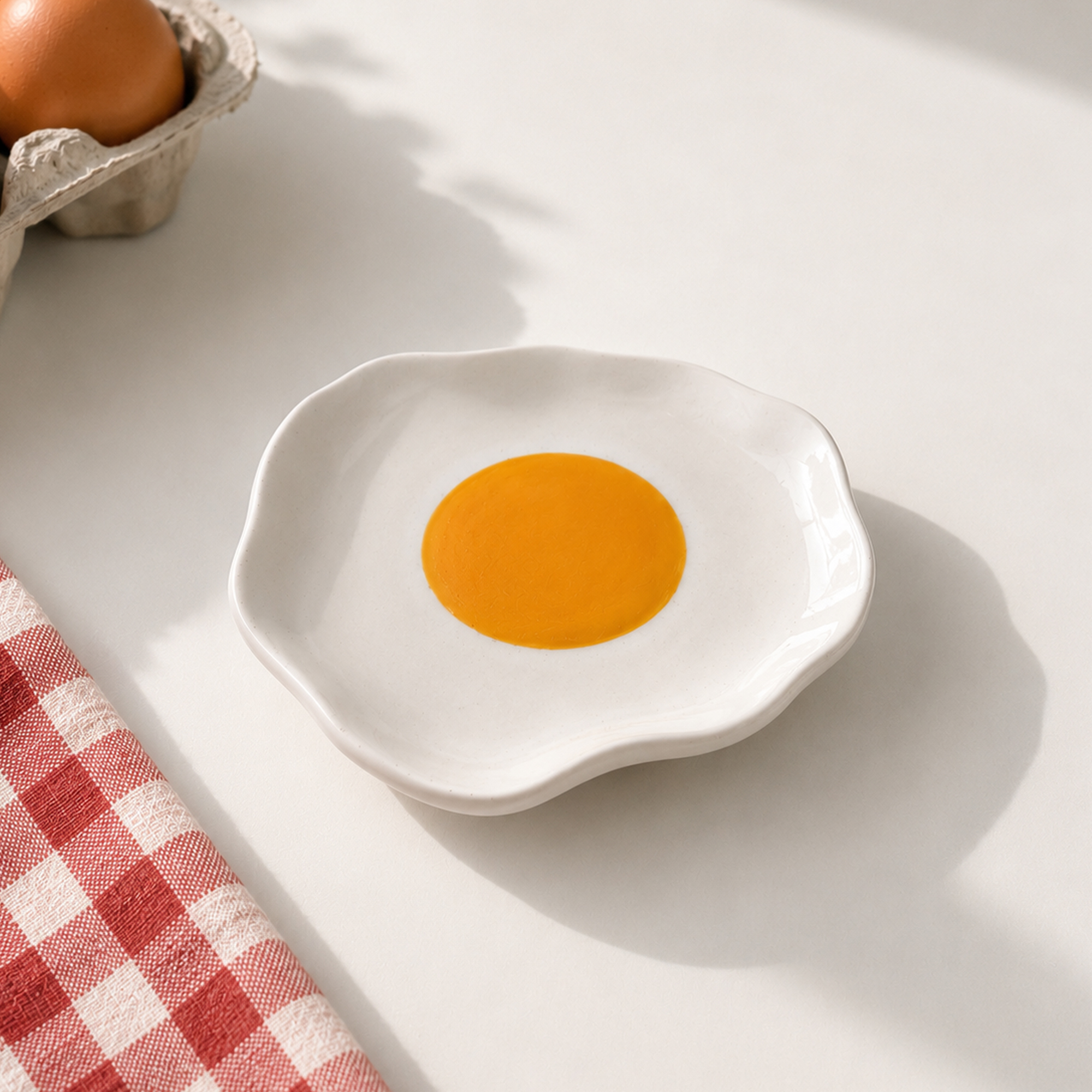 A small, white, wavy-edged Fried Egg - Jewellery Plate with a large yellow circle in the centre, resembling a fried egg. Gate21.ee