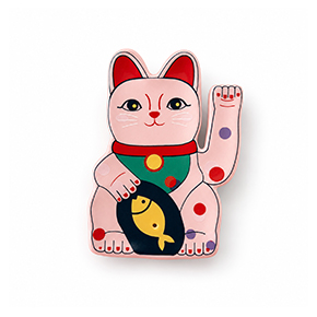 Pale pink incense burner - lucky cat figurine featuring colourful polka dots and a yellow fish graphic on its chest. Gate21.ee