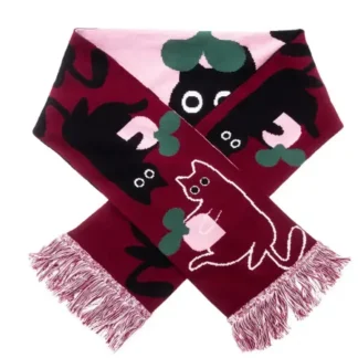 Add a playful touch to your style with Cat - Organic: a maroon, pink, and green scarf featuring cat and leaf illustrations in black, white, and green—ideal for bold accessorising or unique finds from your Tallinn shopping adventure. Gate21.ee