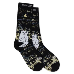 Skelly Nerm Socks - Black crew socks featuring a white Moneybags cartoon cat character and abstract graphic patterns. Gate21.ee