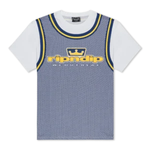 Oracle Tee - Black Wash: A white short-sleeve t-shirt featuring a blue and yellow basketball jersey-style mesh overlay with the text RIPnDIP and WE OUT HERE printed on the front. Gate21.ee