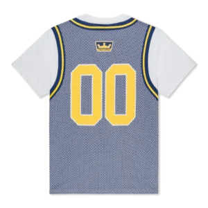 Back view of a white Oracle T-shirt - Black Wash featuring a blue mesh jersey overlay with yellow number 00 and a yellow crown logo at the neckline. Gate21.ee