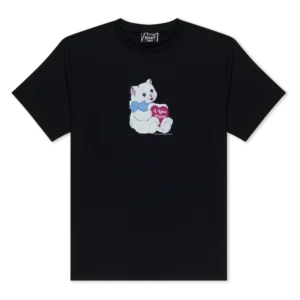 Black Nerms Cans T-shirt with a graphic of a white kitten wearing a blue bow tie and holding a red heart that says I Love above a tin. Gate21.ee