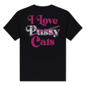 Black Nerms Cans T-shirt featuring I Love Cats in pink text on the back, with a pixelated, crossed-out word between Love and Cats. Gate21.ee