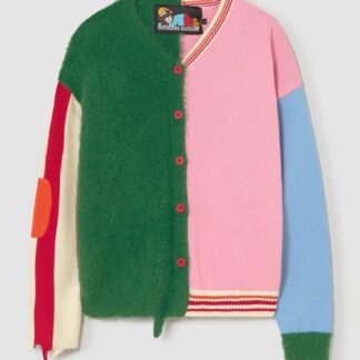 The Tornado Cardigan features mismatched panels in green, pink, blue, red, cream, and orange. Contrasting textures make it a standout piece—ideal for finding unique style inspiration while shopping in Tallinn or exploring a local gift shop. Gate21.ee
