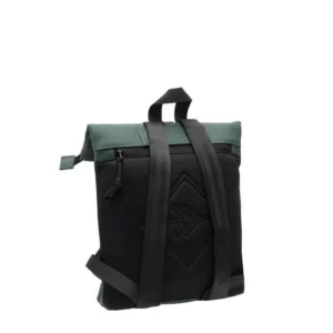 The Los Angeles Rucksack - Dark Green has a green top, black mesh back with geometric stitching, two black shoulder straps, a top handle, and a visible left-side zip pull. Gate21.ee