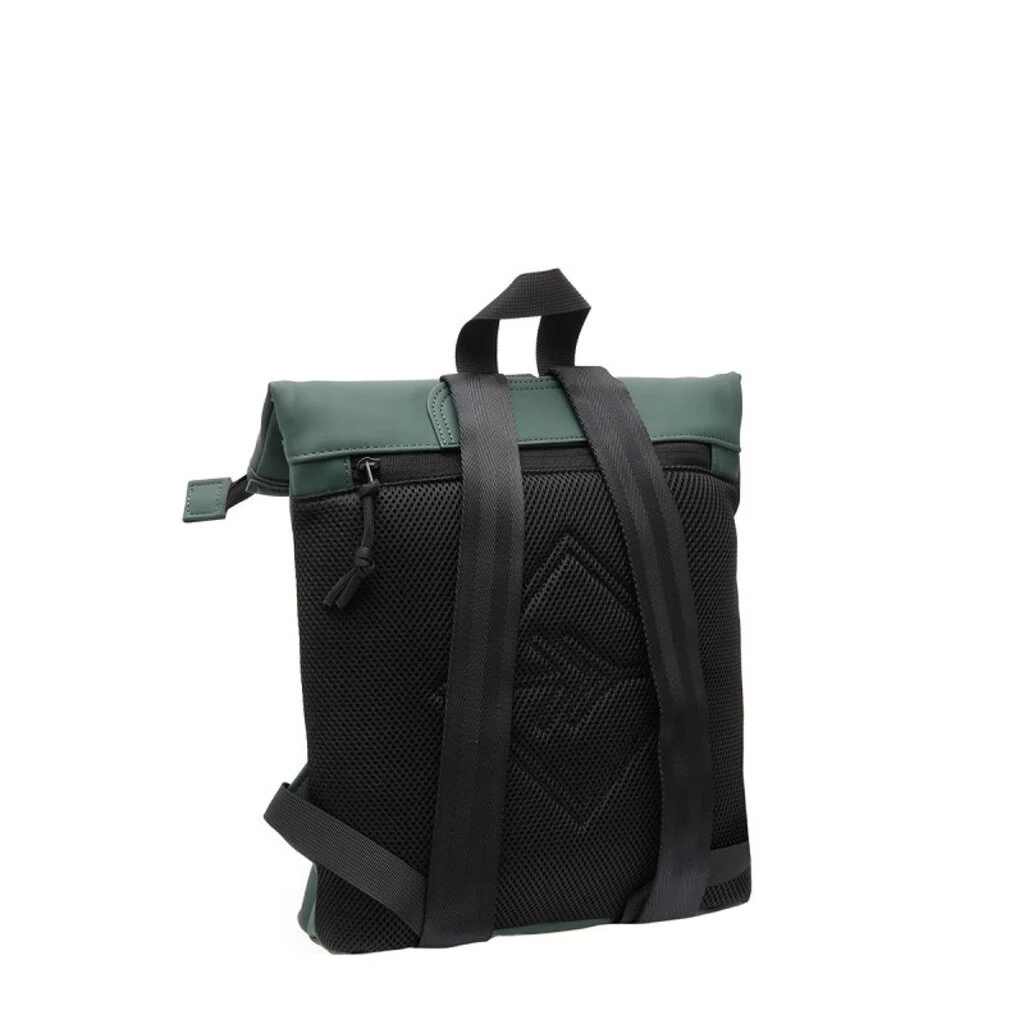 The Los Angeles Rucksack - Dark Green has a green top, black mesh back with geometric stitching, two black shoulder straps, a top handle, and a visible left-side zip pull. Gate21.ee
