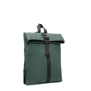 The Los Angeles Backpack - Dark Green is a small, rectangular rucksack with a roll-top fastening, black buckle and strap, top handle, and side mesh pockets, displayed against a plain white background. Gate21.ee