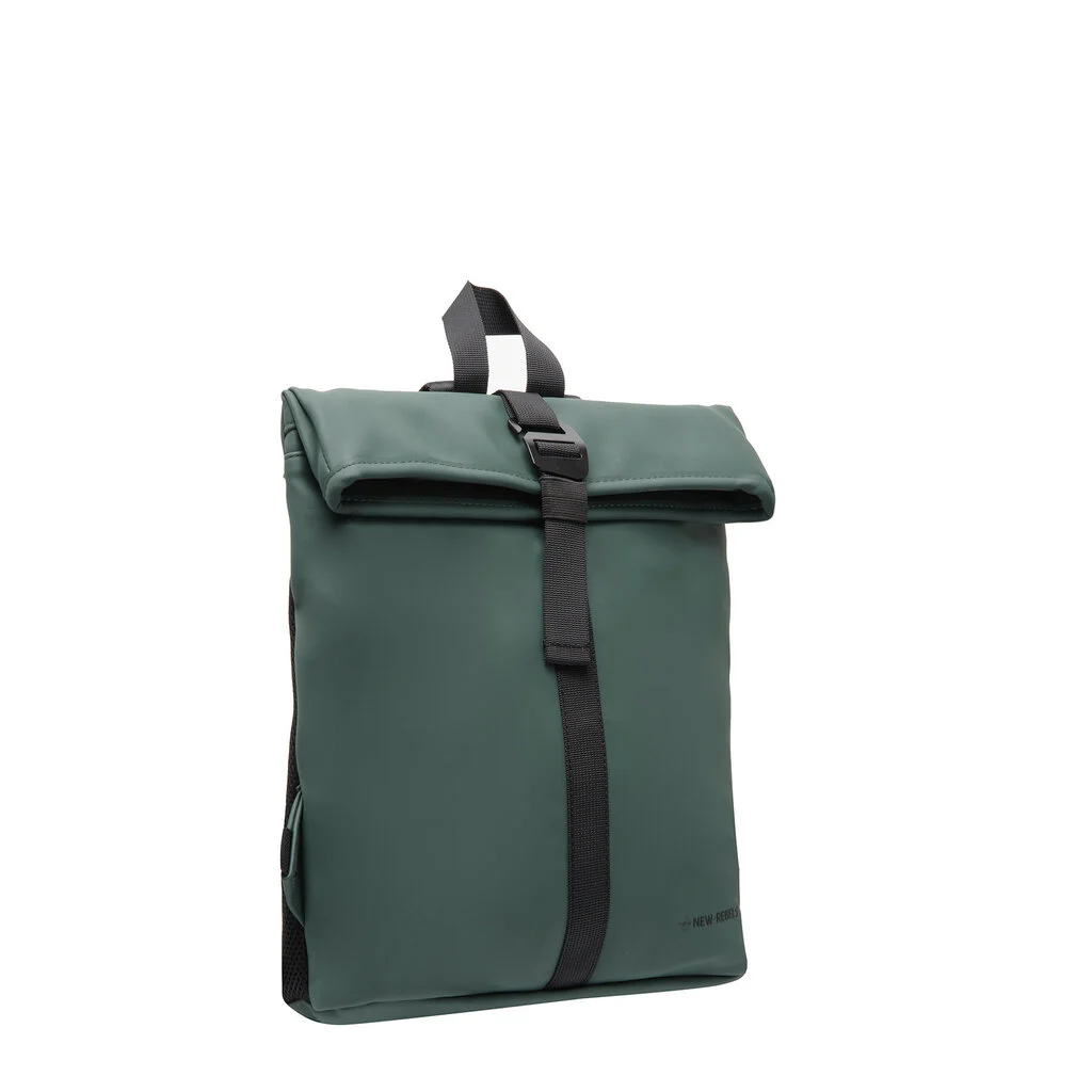 The Los Angeles Backpack - Dark Green is a small, rectangular rucksack with a roll-top fastening, black buckle and strap, top handle, and side mesh pockets, displayed against a plain white background. Gate21.ee