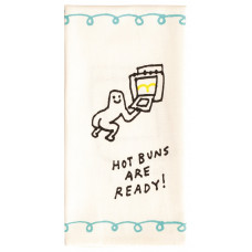 The “Hot Buns Are Ready” Tea Towel is a white towel decorated with a playful cartoon of a figure pulling buns from an oven, similar in style to BlueQ oven glove designs. The words “HOT BUNS ARE READY!” appear below the illustration, and blue looped lines accent the top and bottom edges. Gate21.ee