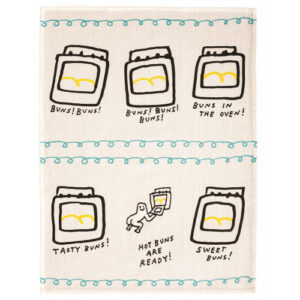 The “Hot buns are ready - Tea Towel” showcases six cartoon ovens baking buns, each with a playful caption: Buns! Buns!, Buns! Buns! Buns!, Buns in the oven!, Tasty buns!, Hot buns are ready!, and Sweet buns!. Its whimsical design pairs perfectly with BlueQ oven gloves for a coordinated and cheerful kitchen look. Gate21.ee
