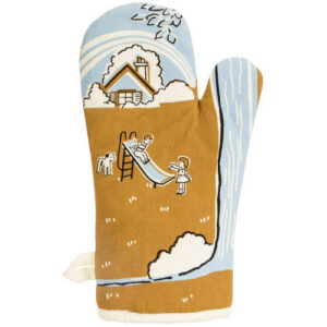 A fabric oven glove called “I love my arsehole kids - Oven Glove,” featuring a printed design of a house, a dog, and two children playing on a slide in the garden, set against clouds and a blue sky. The illustration is simple and cartoon-like, reminiscent of BlueQ oven glove styles. Gate21.ee
