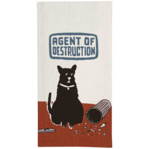 A black cat sits in front of a knocked-over rubbish bin and scattered debris on a towel, perfectly embodying the mischief celebrated by the Agent of Destruction Dish Towel. Above the cat is a blue sign with white text that reads, “Agent of Destruction.” The background is white and brown. Gate21.ee