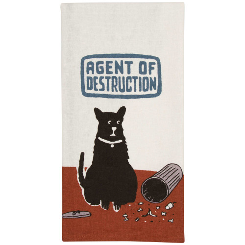 A black cat sits in front of a knocked-over rubbish bin and scattered debris on a towel, perfectly embodying the mischief celebrated by the Agent of Destruction Dish Towel. Above the cat is a blue sign with white text that reads, “Agent of Destruction.” The background is white and brown. Gate21.ee