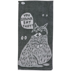 Introducing the “You gonna eat that? - Tea Towel”: a grey towel featuring a playful illustration of a raccoon sitting upright and gazing forward, accompanied by a speech bubble that reads “You gonna eat that?” Inspired by the quirky humour seen on BlueQ oven gloves, the design is accented with multiple small, white cartoon eyes scattered around the raccoon for an extra pop of whimsical fun. Gate21.ee
