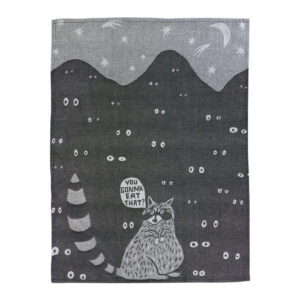The “You gonna eat that? - Tea Towel” features a raccoon with the phrase “You gonna eat that?” surrounded by illustrated eyes, with a mountain range, moon, and stars in the background—perfect to pair with your favourite BlueQ oven gloves. Gate21.ee