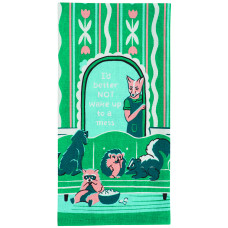 The Wake up to a mess - Tea Towel features a playful green background with floral and leaf designs, showcasing a fox and four raccoons in the kitchen. A window displays the phrase, “It’s better NOT to wake up to a mess.” This whimsical tea towel pairs perfectly with other fun kitchen accessories like BlueQ oven gloves. Gate21.ee