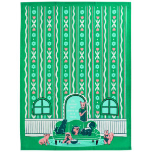 The Wake up to a mess - Dish Towel is a green tea towel that features a cartoon scene of a person with six black and pink cats in a room with floral wallpaper, two arched windows, and the words “I’d better not wake up to a mess.” on a sign above the sofa—bringing the same playful spirit you’ll find in quirky BlueQ oven gloves. Gate21.ee