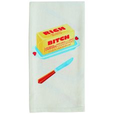 The Rich Bitch - Dish Towel showcases a white background with a yellow butter stick labelled “RICH BITCH” in bold red text atop a blue tray, accompanied by a butter knife below—making it an ideal match for your favourite BlueQ oven mitts. Gate21.ee