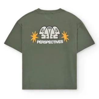 The Club House T-shirt - Olive from our curated gift shop features three abstract faces, two orange stars, and "PERSPECTIVES" printed below the back graphic. Gate21.ee