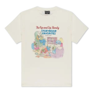 Bone Burn Tee featuring cartoon characters and aliens sitting in a living room reading books under the text The Rip and Dip Family STORYBOOK FAVOURITES By Nerm & Jerm. Gate21.ee