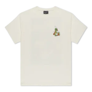 Talk Show Tee - Black off-white T-shirt featuring a small chest graphic of a green alien holding three white cats. Gate21.ee