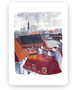 Illustration on the Wisdom / Old Town Tea-towels - KÕIK shows red-roofed buildings, a church spire, and distant modern structures beneath a cloudy sky. Gate21.ee