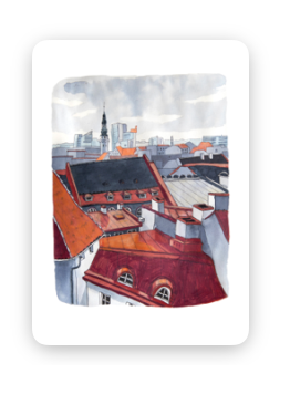 Illustration on the Wisdom / Old Town Tea-towels - KÕIK shows red-roofed buildings, a church spire, and distant modern structures beneath a cloudy sky. Gate21.ee