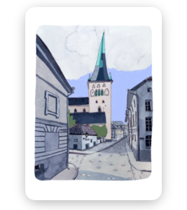 Illustration from the "Wisdom / Old Town Tea-towels - KÕIK" shows a quiet street with buildings, leading to a large church featuring a tall green spire and clock tower beneath a partly cloudy sky. Gate21.ee