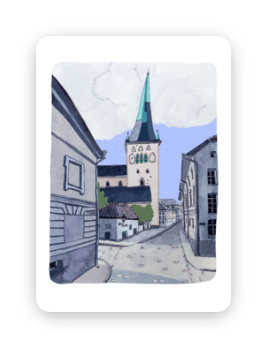 Illustration from the "Wisdom / Old Town Tea-towels - KÕIK" shows a quiet street with buildings, leading to a large church featuring a tall green spire and clock tower beneath a partly cloudy sky. Gate21.ee
