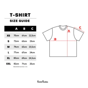 Moomin Ts - Black size guide with measurements for XS–XXL. Columns A, B, and C show shirt width, length, and sleeve with a diagram marking each. Measurements may vary by 2 cm. Gate21.ee