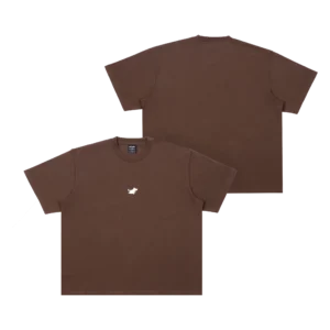Two views of a plain black short-sleeve Moomin Heavy T-shirt are shown on a white background. The front features a small white animal graphic on the left chest, and the back is blank. Gate21.ee