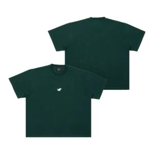 Front and back view of the Moomin Heavy Ts - Stone Wash Green. This dark green short-sleeve tee features a small white embroidered animal logo on the left chest; the back is plain with no visible design. Gate21.ee