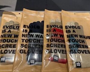 Four pairs of Evolg - Old models 2024 - KOIK touchscreen gloves in assorted colours are packaged in clear plastic bags with bold black text that reads, EVOLG IS A NEW WAVE TOUCH SCREEN GLOVES. Gate21.ee
