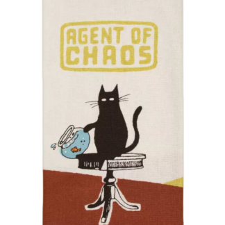 Agent of destruction - Tea Towel: Features a black cat on a table tipping over a fishbowl, with "Agent of Chaos" in yellow above—a playful Estonian design, ideal for concept shops. Gate21.ee