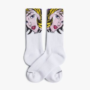 A pair of white Jimmy Lion "Roy Lichtenstein Girl with Hair Ribbon - Athletic" socks featuring a colourful pop art woman's face near the top and the brand name printed on the toes. Gate21.ee