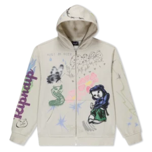 The Goosebumps Zip Hoodie - Bone is a cream zip-up hoodie with vibrant spray-painted graphics—bear, butterfly, mushrooms, snake, flowers, "MUST BE NICE" text, and a dimple sleeve—capturing bold RipnDip style. Gate21.ee