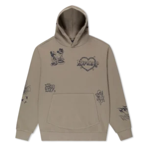 The Westside Hoodie - Dark Sand is a taupe hooded sweatshirt featuring various black graphic designs inspired by the RIPnDIP Skelly Nerm Smokes T-shirt Black, with cartoon characters, text, and symbols on the front, arms, and chest. Gate21.ee