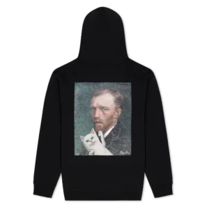 The Van Nermal Hoodie - Black is a RipnDip sweatshirt featuring a back graphic of a bearded man with a serious expression and the iconic white cat with paw raised, echoing the RIPnDIP Skelly Nerm Smokes T-shirt design. Gate21.ee